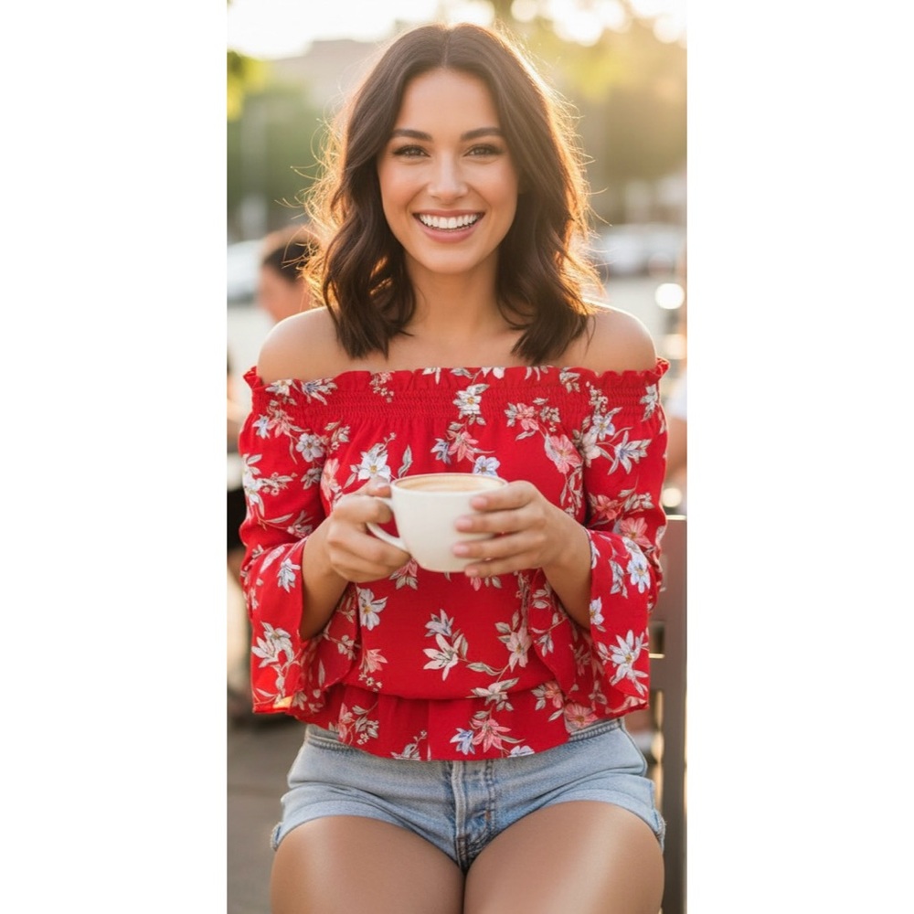 H&M Divided Red Floral Off Shoulder Top